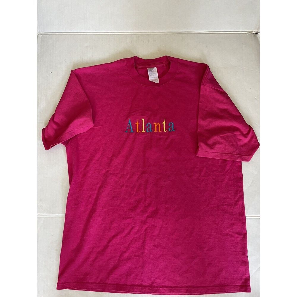 Atlanta Jerzees Graphic T-Shirt Pink Mens USA 90s Size XL Georgia Rare Braves
